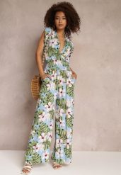 Jasnoniebieski Długi Kombinezon Bawełniany w Kwiaty Vegita. Niebieskie kombinezony damskie Renee, na wiosnę, m, bez wzorów, z bawełny, eleganckie, bez kołnierzyka, bez ramiączek, długie. Za 39.99 zł.