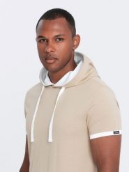 Męski casualowy t-shirt bawełniany z kapturem – beżowy V5 - Rozmiar: L. Brązowe t-shirty męskie Ombre Clothing, l, bez wzorów, z bawełny, bez kołnierzyka. W wyprzedaży za 39.99 zł.