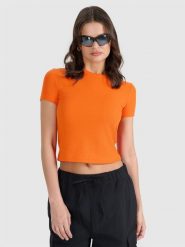4F T-shirt slim z waflowej dzianiny damski - pomarańczowy XS. Brązowe t-shirty damskie 4f, xs, bez wzorów, z dzianiny, bez kołnierzyka. W wyprzedaży za 29.99 zł.