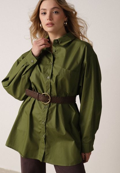 Zielona Długa Koszula Oversize z Bawełny i Wiskozy z Paskiem z Klamrą Thessalonike. Zielone koszule damskie Born2be, m, bez wzorów, z bawełny, bez kołnierzyka, bez ramiączek. Za 139.99 zł.