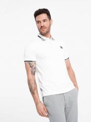 Męska koszulka polo z elastanem z kontrastowymi elementami - biała V1 - Rozmiar: XL. Białe koszulki polo męskie Ombre Clothing, l, bez wzorów, z bawełny, bez ramiączek. W wyprzedaży za 29.99 zł.