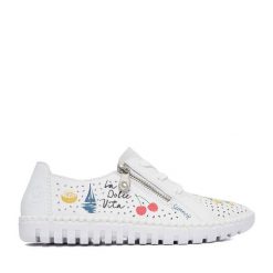 Półbuty Rieker. Białe półbuty damskie Rieker, bez wzorów, bez obcasa, na płaskiej podeszwie. Za 339.99 zł.