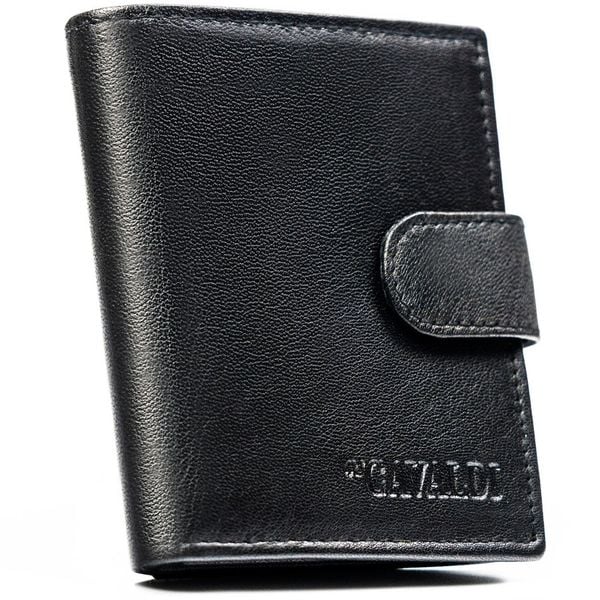 Pionowy, czarny portfel męski ze skóry naturalnej z systemem RFID zamykany zatrzaskiem - 4U Cavaldi. Czarne portfele męskie 4U Cavaldi, bez wzorów, ze skóry. Za 53.99 zł.