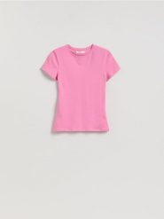 T-shirt slim fit - różowy. Czerwone t-shirty damskie Reserved, l, bez wzorów, z bawełny, bez kołnierzyka. Za 29.99 zł.