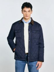 Kurtka męska pikowana ze sztruksowym kołnierzem granatowa Antwan 403. Niebieskie kurtki męskie Big Star, l, bez wzorów, ze sztruksu, eleganckie, bez kaptura. Za 429.99 zł.