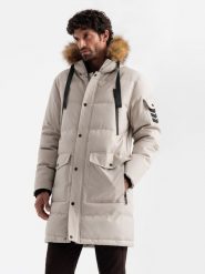 Długa ciepła męska kurtka typu parka z kapturem – beżowa V5 OM-JALJ-0182 - XXL. Brązowe kurtki męskie Ombre Clothing, l, z aplikacjami, z materiału. W wyprzedaży za 239.99 zł.
