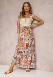 Beżowo-Różowa Sukienka Grayah. Brązowe sukienki damskie Renee, m, z aplikacjami, z tkaniny, boho, bez kołnierzyka, bez ramiączek, maxi, rozkloszowane. Za 109.99 zł.