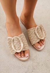 Beżowe Klapki z Plecionką i Geometryczną Klamrą Nemornell. Brązowe klapki damskie Renee, bez wzorów, bez obcasa, na płaskiej podeszwie. Za 79.99 zł.