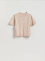 Wełniany sweter - beżowy. Brązowe swetry klasyczne damskie Reserved, l, z dzianiny, bez kołnierzyka. Za 139.99 zł.