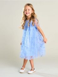 Sukienka tiulowa z aksamitnym kwiatowym nadrukiem - niebieski. Niebieskie sukienki dziewczęce Sinsay, bez wzorów, z tiulu, bez ramiączek. Za 32.99 zł.