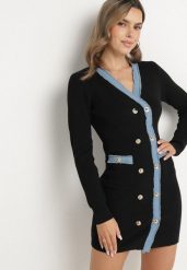 Czarna Dzianinowa Sukienka z Wiskozą w Stylu Retro z Ozdobnymi Napami Tesmere. Czarne sukienki damskie Born2be, na co dzień, m, z aplikacjami, z dzianiny, eleganckie, bez kołnierzyka, bez ramiączek, mini, dopasowane. W wyprzedaży za 127.99 zł.