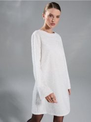 Sukienka mini z cekinami - kremowy. Białe sukienki damskie Sinsay, l, bez wzorów, bez kołnierzyka, bez ramiączek, mini. Za 79.99 zł.