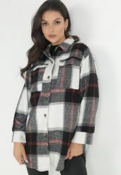 Czarno-Biała Koszula w Kratę Bollo. Czarne koszule damskie Born2be, na jesień, bez wzorów, z jeansu, eleganckie, bez kołnierzyka, bez ramiączek. Za 139.99 zł.