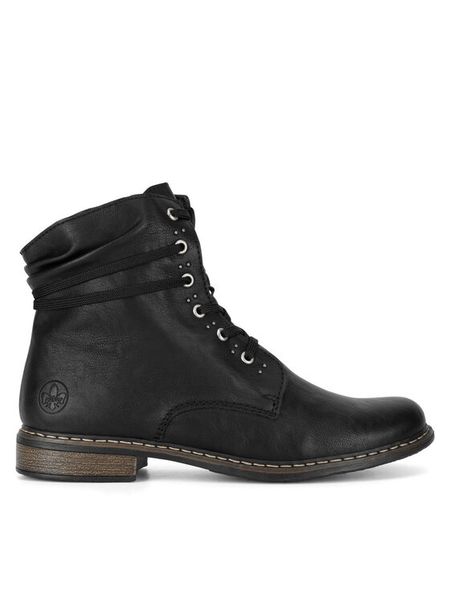 Rieker Trzewiki 71218-00 Czarny. Czarne botki damskie Rieker, z materiału, bez obcasa, na płaskiej podeszwie, bez zapięcia. Za 249.99 zł.