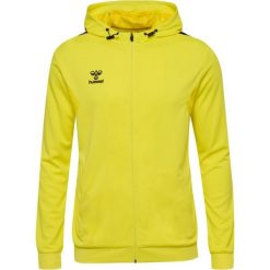 Poliestrowa bluza dresowa z kapturem i zamkiem błyskawicznym Hummel Authentic. Żółte bluzy sportowe męskie HUMMEL, bez wzorów, z dresówki, sportowe, bez kołnierzyka, bez ramiączek. Za 277.50 zł.