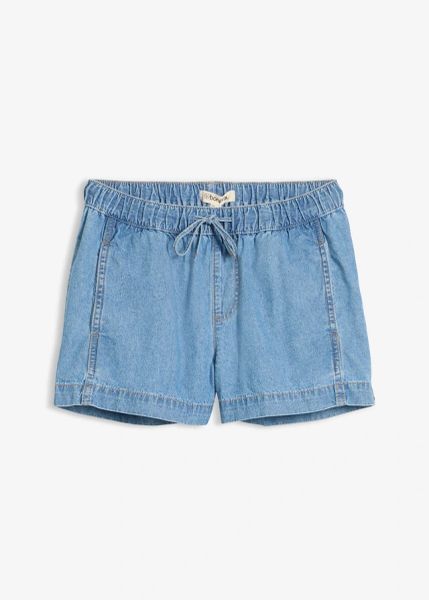 Lekkie szorty jeansowe ze średnim stanem i wygodnym pasem. Niebieskie szorty damskie bonprix, bez wzorów, z jeansu. Za 107.99 zł.