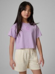 4F T-shirt regular z nadrukiem dziewczęcy - różowy 140 (9-10 lat). Fioletowe koszulki dziewczęce 4f, bez wzorów, z bawełny, bez ramiączek. Za 39.99 zł.