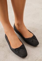Czarne Plecione Balerinki z Wkładką ze Skóry Naturalnej i Kokardą Amipeilla. Czarne baleriny damskie Born2be, z aplikacjami, z jeansu, bez obcasa. Za 49.99 zł.