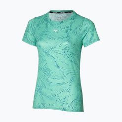 Koszulka do biegania damska Mizuno Impulse Core Graphic Tee. Zielone topy sportowe damskie Mizuno, s, bez wzorów, z materiału, bez ramiączek. Za 79.99 zł.