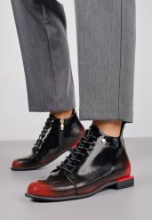 Czarno-Czerwone Botki Trzewiki Lakierowane Vices Jovilie. Czarne botki damskie Renee, z jeansu, bez obcasa, na płaskiej podeszwie, bez zapięcia. Za 99.99 zł.