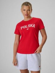 4F Koszulka kibica damska - czerwona M. Czerwone bluzki sportowe damskie 4f, m, bez wzorów, z bawełny, bez ramiączek. Za 59.99 zł.