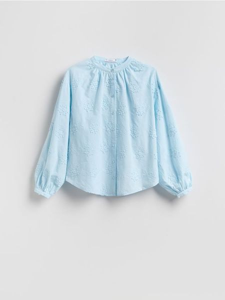 Koszula z haftowanym wzorem - jasnoniebieski. Niebieskie koszule damskie Reserved, l, bez wzorów, z bawełny, bez kołnierzyka, bez ramiączek. Za 149.99 zł.