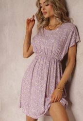 Fioletowa Rozkloszowana Sukienka Mini w Kwiaty z Gumką w Pasie z Wiskozy Elineano. Fioletowe sukienki damskie Renee, l, bez wzorów, z wiskozy, bez kołnierzyka, bez ramiączek, mini, rozkloszowane. W wyprzedaży za 35.99 zł.