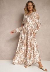 Jasnobeżowa Sukienka z Wiskozą o Rozkloszowanym Kroju w Abstrakcyjny Print Ridirinda. Brązowe sukienki damskie Renee, l, bez wzorów, z materiału, bez kołnierzyka, bez ramiączek, maxi, rozkloszowane. W wyprzedaży za 127.99 zł.