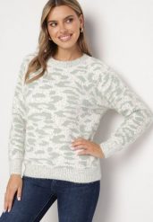 Miętowy Sweter z Wełną o Klasycznym Kroju Zdobiony Wzorem w Cętki Zinarisa. Zielone swetry klasyczne damskie Born2be, na zimę, l, z wełny, bez kołnierzyka. Za 64.99 zł.