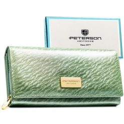 Duży, jasnozielony portfel damski zamykany na zatrzask, wykonany ze skóry naturalnej i ekologicznej - Peterson. Zielone portfele damskie Peterson, bez wzorów, ze skóry ekologicznej. Za 87.99 zł.