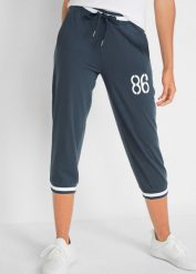 Spodnie joggingowe 3/4 z mieszanki bawełny. Czarne spodnie materiałowe damskie bonprix, bez wzorów, z bawełny, sportowe. Za 84.99 zł.