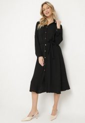 Czarna Koszulowa Sukienka z Materiałowym Paskiem Vivinara. Czarne sukienki damskie Born2be, na co dzień, l, bez wzorów, z materiału, eleganckie, bez kołnierzyka, bez ramiączek, midi, koszulowe. W wyprzedaży za 87.99 zł.