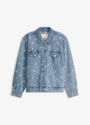 Kurtka jeansowa z haftem w kwiaty. Niebieskie kurtki damskie bonprix, bez wzorów, z jeansu, bez kaptura. Za 169.99 zł.