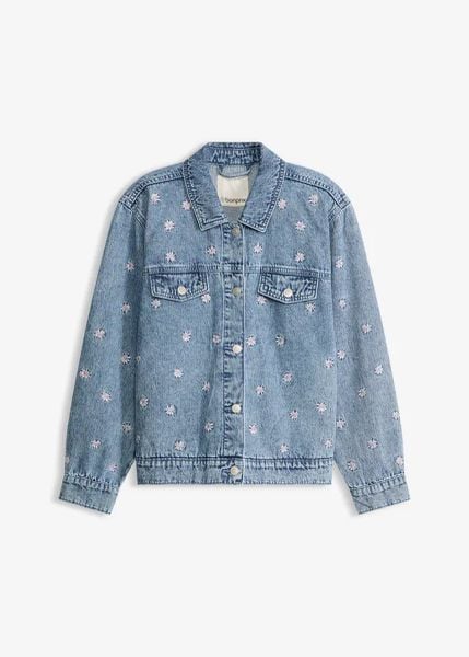 Kurtka jeansowa z haftem w kwiaty. Niebieskie kurtki damskie bonprix, bez wzorów, z jeansu, bez kaptura. Za 169.99 zł.