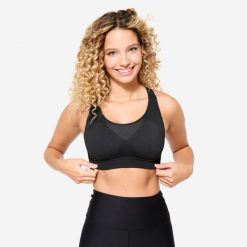Stanik sportowy Decathlon. Czarne biustonosze sportowe damskie KALENJI, bez wzorów, z elastanu. Za 29.99 zł.