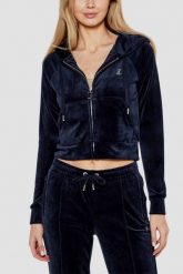 JUICY COUTURE Granatowa bluza damska welurowa Madison z cyrkoniami, Rozmiar XS. Niebieskie bluzy z kapturem damskie Juicy Couture, s, z weluru. Za 499.99 zł.