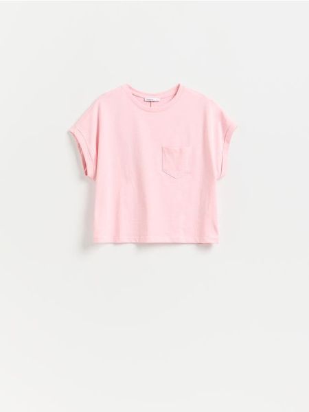 T-shirt z kieszonką - pastelowy róż. Czerwone t-shirty damskie Reserved, l, bez wzorów, z bawełny, bez kołnierzyka. Za 45.99 zł.