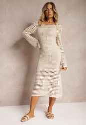 Beżowa Sukienka Dzianinowa Midi w stylu Boho z Głębokim Dekoltem na Plecach Moralie. Brązowe sukienki damskie Renee, na co dzień, bez wzorów, z dzianiny, boho, bez kołnierzyka, bez ramiączek, midi, proste. W wyprzedaży za 111.99 zł.