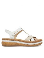 Rieker Sandały V0919-80 Biały. Białe sandały damskie Rieker, bez wzorów, z materiału, bez obcasa, na koturnie. Za 339.99 zł.