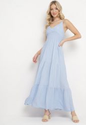 Jasnoniebieska Sukienka Rozkloszowana na Regulowanych Ramiączkach z Bawełny Aletise. Niebieskie sukienki damskie Born2be, na co dzień, m, bez wzorów, z bawełny, eleganckie, bez kołnierzyka, bez ramiączek, maxi, rozkloszowane. W wyprzedaży za 63.99 zł.