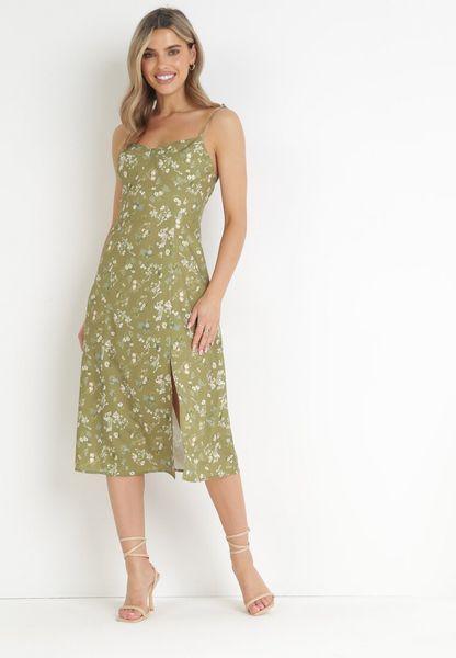 Zielona Sukienka Midi na Cienkich Ramiączkach z Rozcięciem w Kwiaty Catherin. Zielone sukienki damskie Born2be, na lato, m, bez wzorów, z tkaniny, bez kołnierzyka, bez ramiączek, midi. Za 69.99 zł.