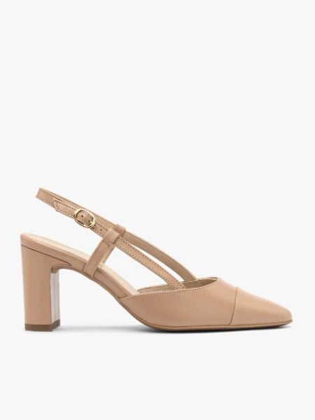 Beżowe czółenka typu slingback. Brązowe czółenka damskie Brawo sp. z o.o., bez wzorów, ze skóry, z okrągłym noskiem, bez obcasa, na słupku. W wyprzedaży za 296.99 zł.