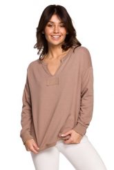 Efektowna Bluza z Wycięciem przy Dekolcie - Cappuccino. Czarne bluzy bez kaptura damskie MOE, l, z bawełny. Za 204.90 zł.