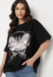Czarny T-shirt Oversize z Bawełny z Nadrukiem z Motylem Nonatira. Czarne t-shirty damskie Born2be, m, bez wzorów, z bawełny, bez kołnierzyka. Za 49.99 zł.