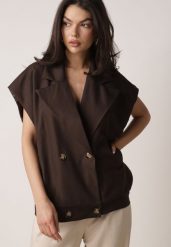 Brązowa Garniturowa Kamizelka Oversize z Dwurzędowym Zapięciem Edriana. Brązowe kamizelki damskie Born2be, l, z jeansu. Za 119.99 zł.