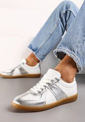 Srebrno-Białe Sneakersy Tenisówki z Ozdobnymi Przeszyciami Sumina. Białe trampki i tenisówki damskie Renee, bez wzorów, z materiału. Za 69.99 zł.