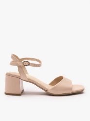 Beżowe sandały na obcasie. Brązowe sandały damskie Ryłko, bez wzorów, ze skóry, bez obcasa, na obcasie. Za 399.99 zł.