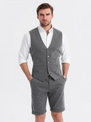Elegancki zestaw męski kamizelka garniturowa + szorty - grafitowy V3 Z112 - XXL. Szare szorty męskie Ombre Clothing, z bawełny, bez kołnierzyka. Za 185.99 zł.