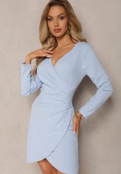 Niebieska Kopertowa Sukienka Drapowana w Talii Ejorunna. Niebieskie sukienki damskie Renee, na imprezę, bez wzorów, eleganckie, bez kołnierzyka, bez ramiączek, mini, kopertowe. W wyprzedaży za 59.49 zł.