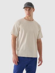 4F T-shirt oversize gładki męski - beżowy S. Brązowe t-shirty męskie 4f, m, bez wzorów, z bawełny, bez kołnierzyka. W wyprzedaży za 29.99 zł.